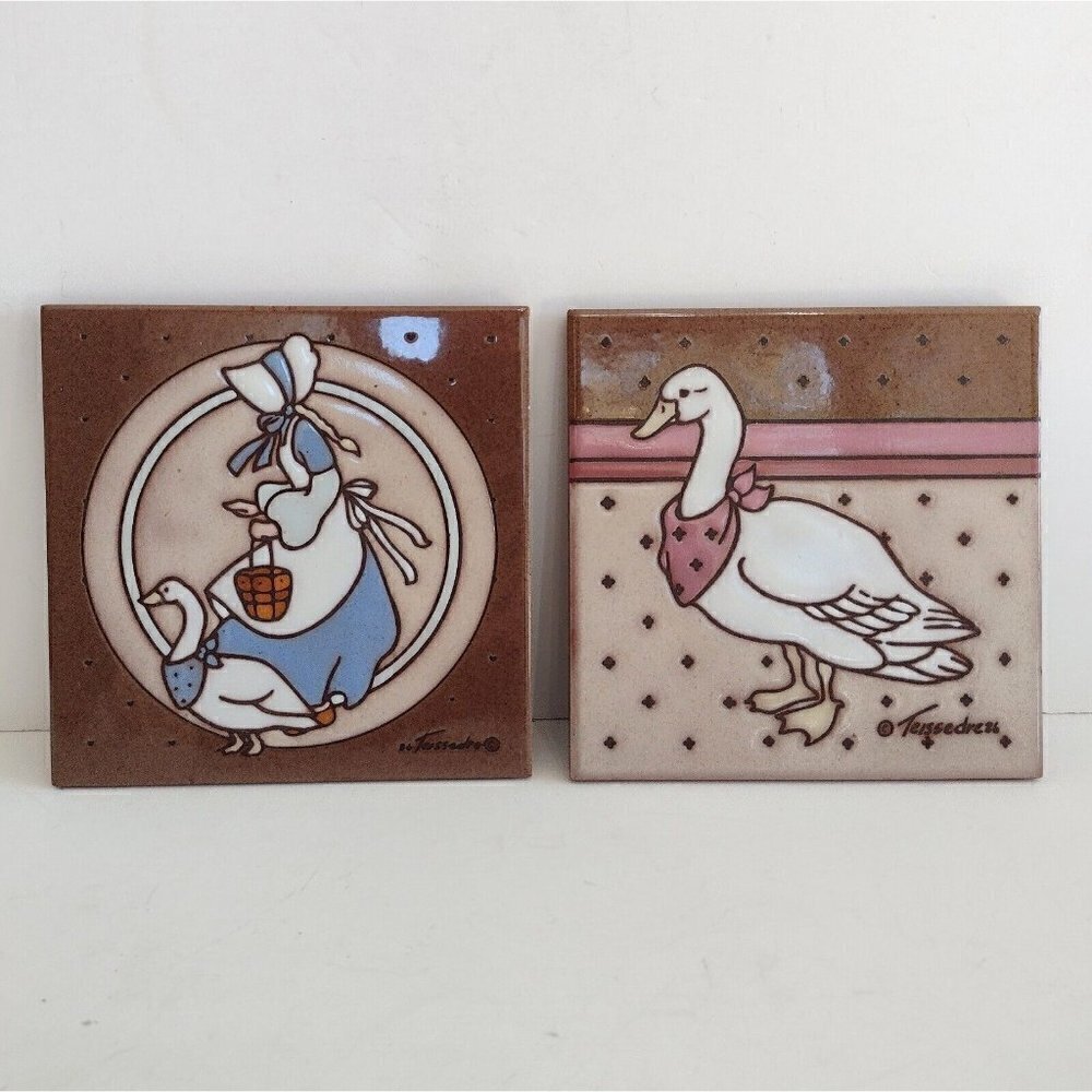 (2) Vintage 1986 Signed Cleo Teissedre Designs Tile Trivet Country Goose Bonnet